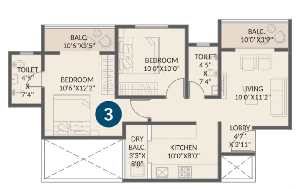 Floor plan of 2 BHK 711 Sq. Ft. Apartment in Bhakti Elite, Pune