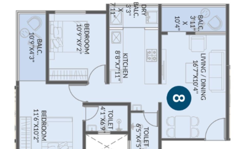Floor plan of 2 BHK 730 Sq. Ft. Apartment in Bhakti Elite, Pune