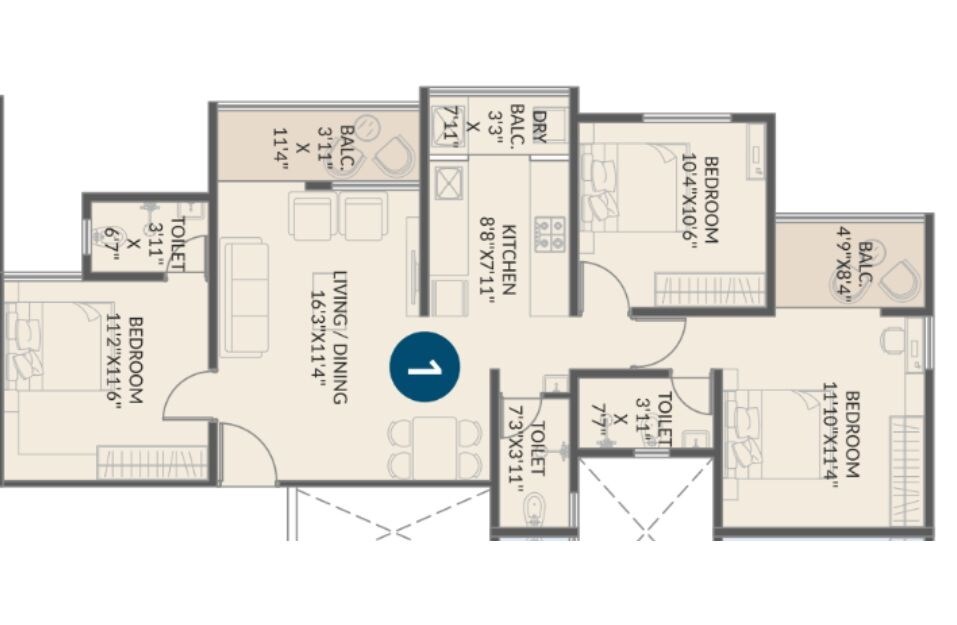 Floor plan of 3 BHK 843 Sq. Ft. Apartment in Bhakti Elite, Pune