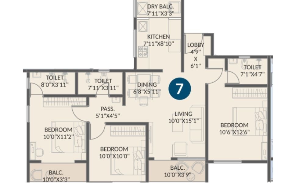 Floor plan of 3 BHK 952 Sq. Ft. Apartment in Bhakti Elite, Pune