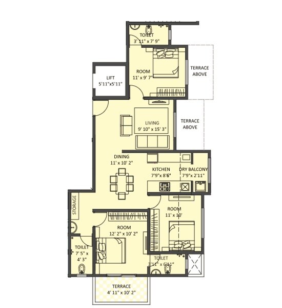 Floor plan of 3 BHK 770 Sq. Ft. Apartment in Bhakti Harmony Homes, Pune