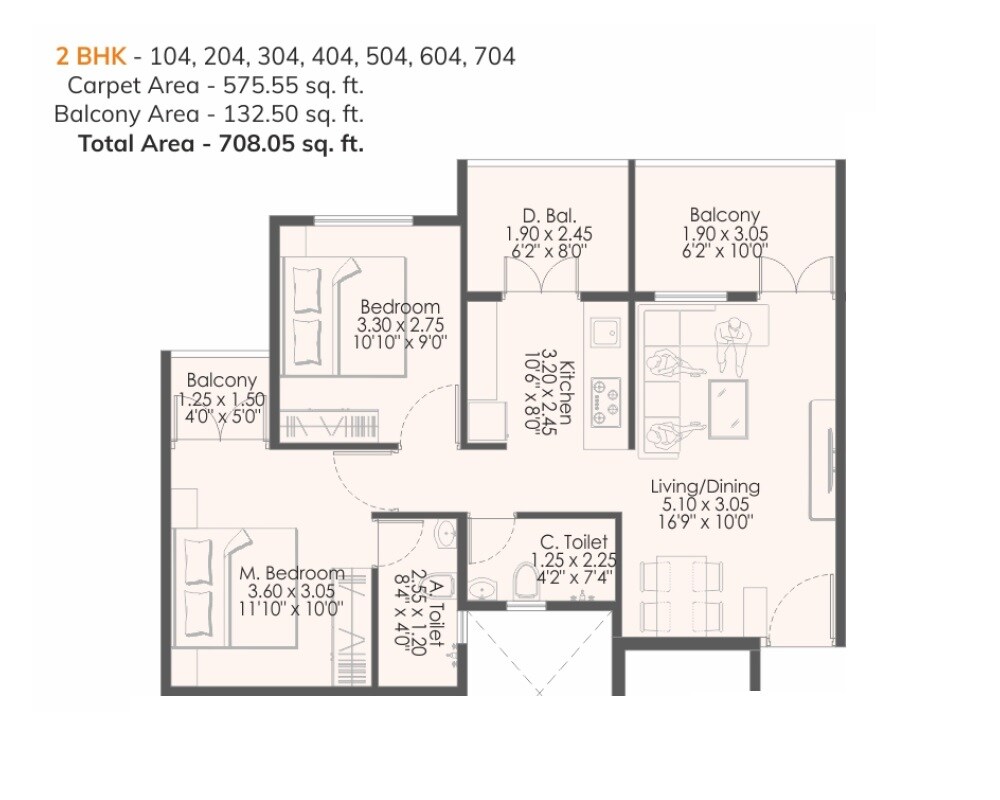 Floor plan of 2 BHK Apartment - 708 sq. ft. in Bhakti Vishnulaxmi Residency, Pune