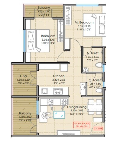 Floor plan of 2 BHK 710 Sq. Ft. Apartment in Bhakti Vishnulaxmi Residency, Pune