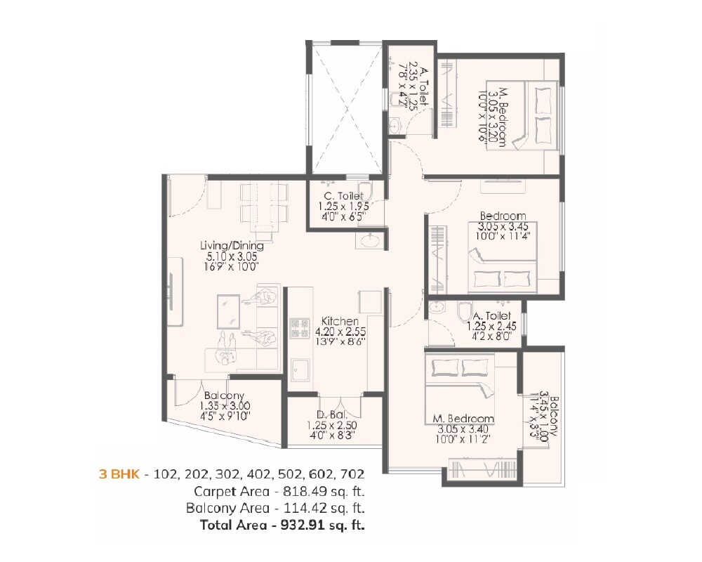 Floor plan of 3 BHK Apartment - 933 sq. ft. in Bhakti Vishnulaxmi Residency, Pune