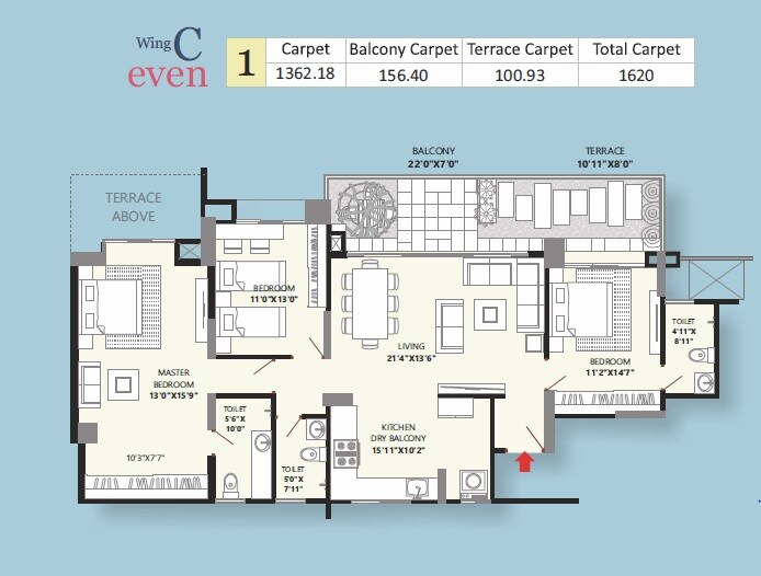 Floor plan of 3 BHK 1362 Sq. Ft. Apartment in Bhandari 43 Privet Drive, Pune