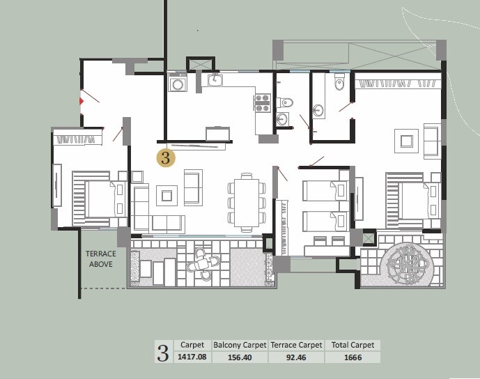 Floor plan of 3 BHK 1417 Sq. Ft. Apartment in Bhandari 43 Privet Drive, Pune