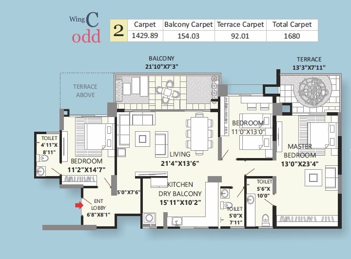 Floor plan of 3 BHK 1430 Sq. Ft. Apartment in Bhandari 43 Privet Drive, Pune