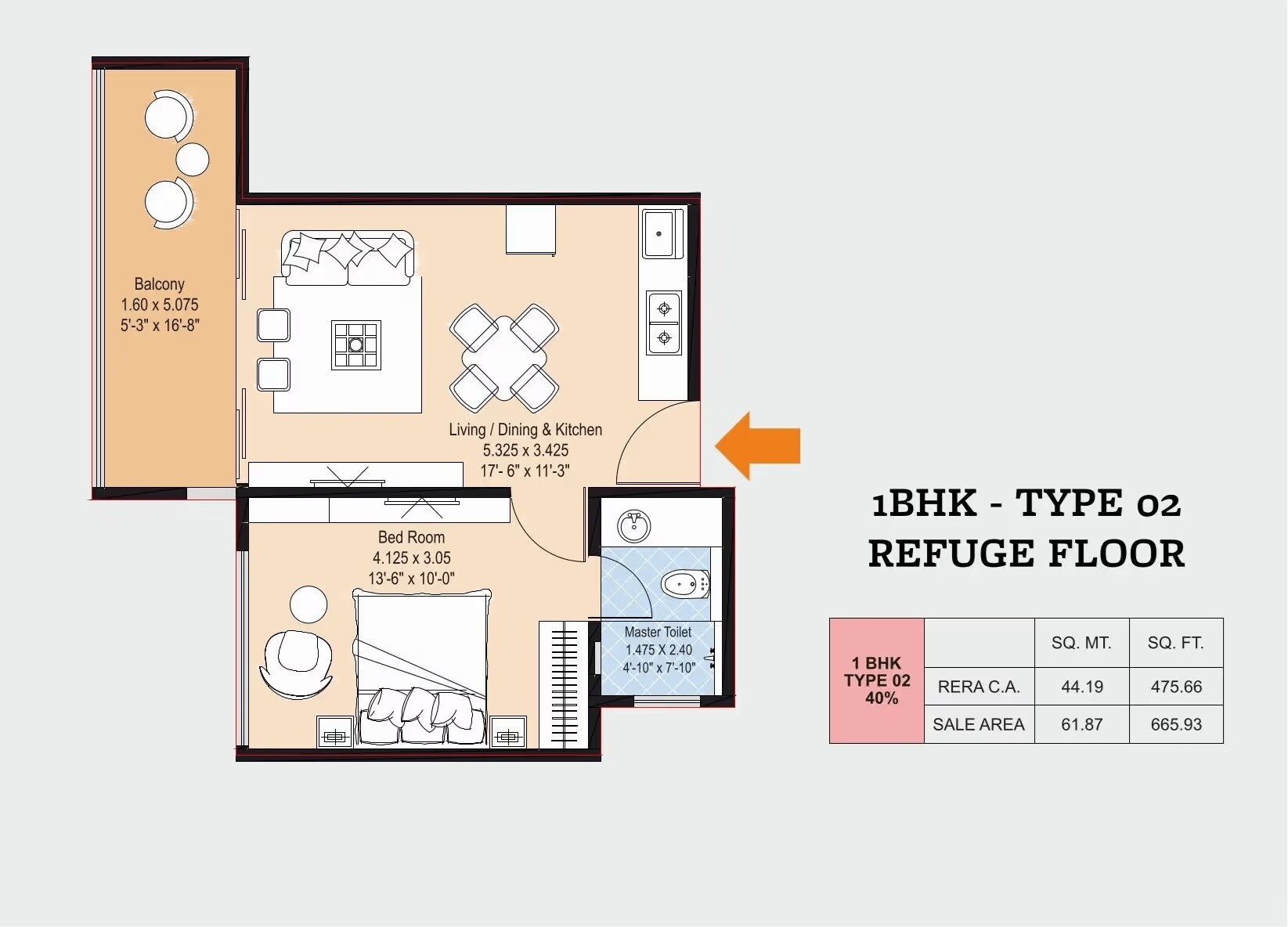 Floor plan of 1 BHK 475 Sq. Ft. Apartment in Bhandari 54 Flores Drive, Pune