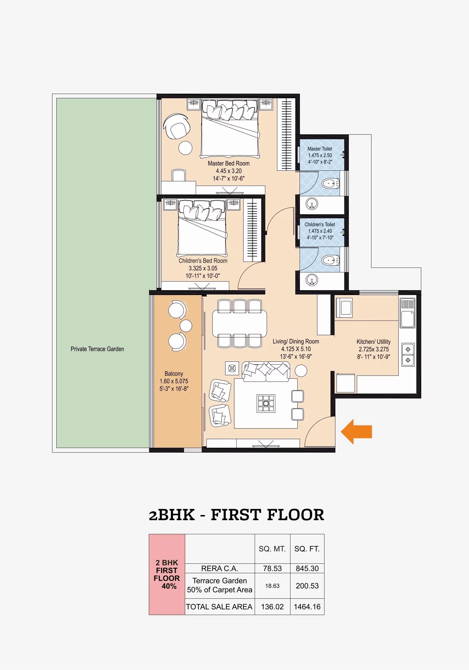 Floor plan of 2 BHK 845 Sq. Ft. Apartment in Bhandari 54 Flores Drive, Pune