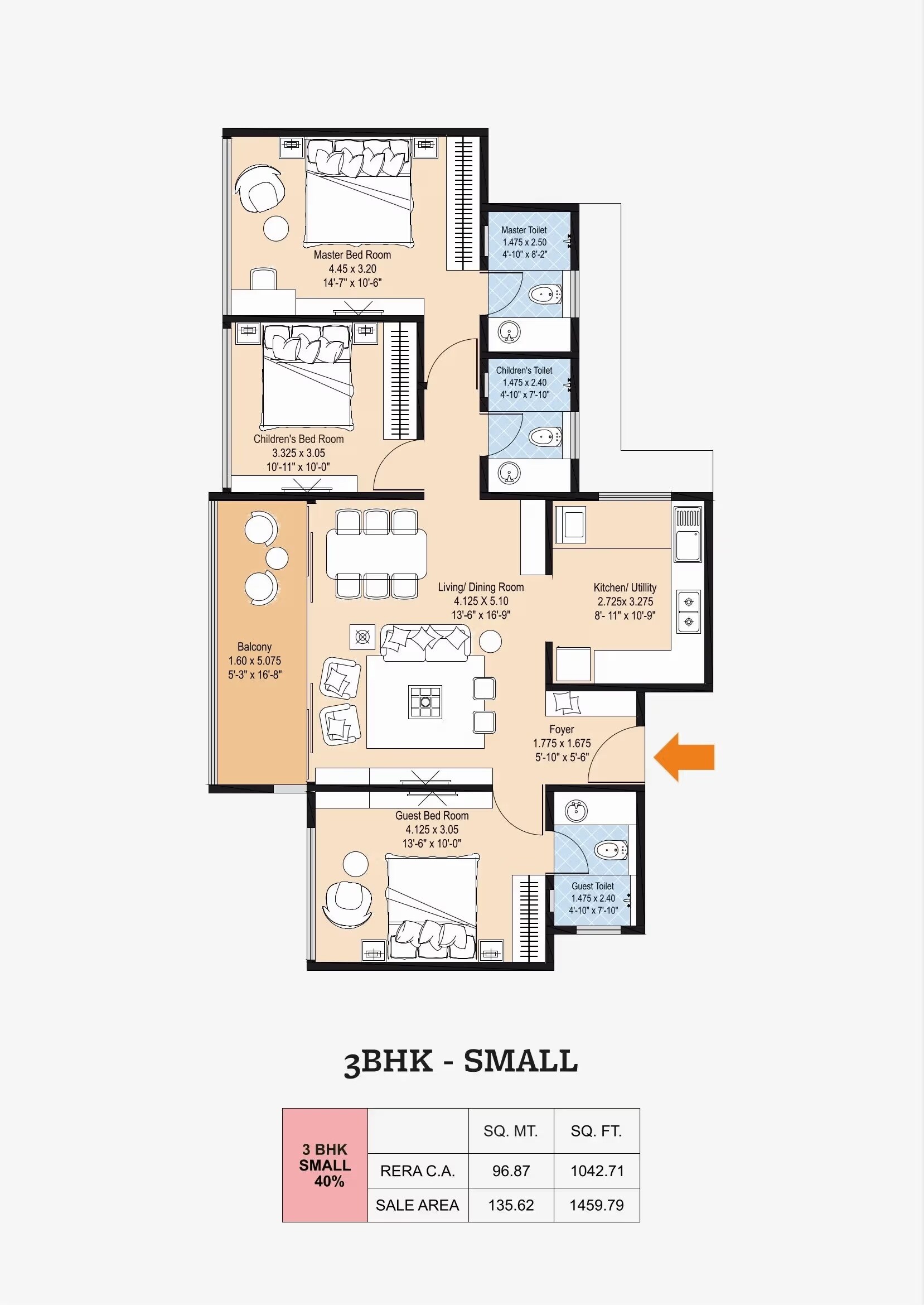 3 BHK 1042 Sq. Ft. Apartment