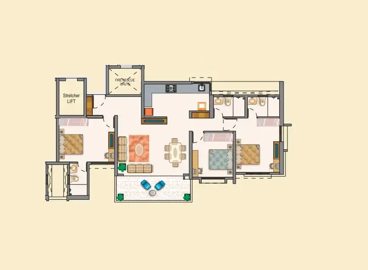 Floor plan of 3 BHK 1288 Sq. Ft. Apartment in Bhandari 7 Plumeria Drive, Pune