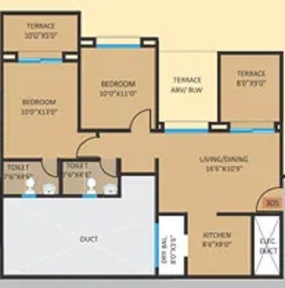 Floor plan of 2 BHK 971 Sq. Ft. Apartment in Bhandari B A Vermont, Pune