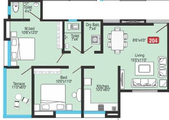Floor plan of 2 BHK 1084 Sq. Ft. Apartment in Bhandari Greenfield Phase II, Pune