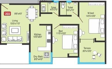 Floor plan of 2 BHK 967 Sq. Ft. Apartment in Bhandari Greenfield Phase II, Pune