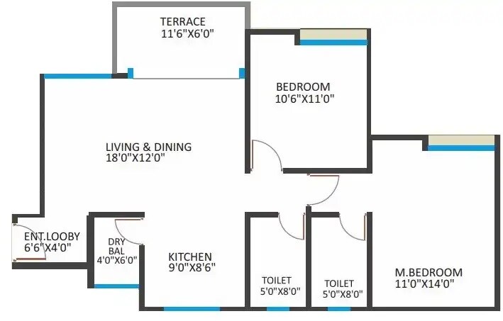 Floor plan of 2 BHK 685 Sq. Ft. Apartment in Bhandari Savannah, Pune