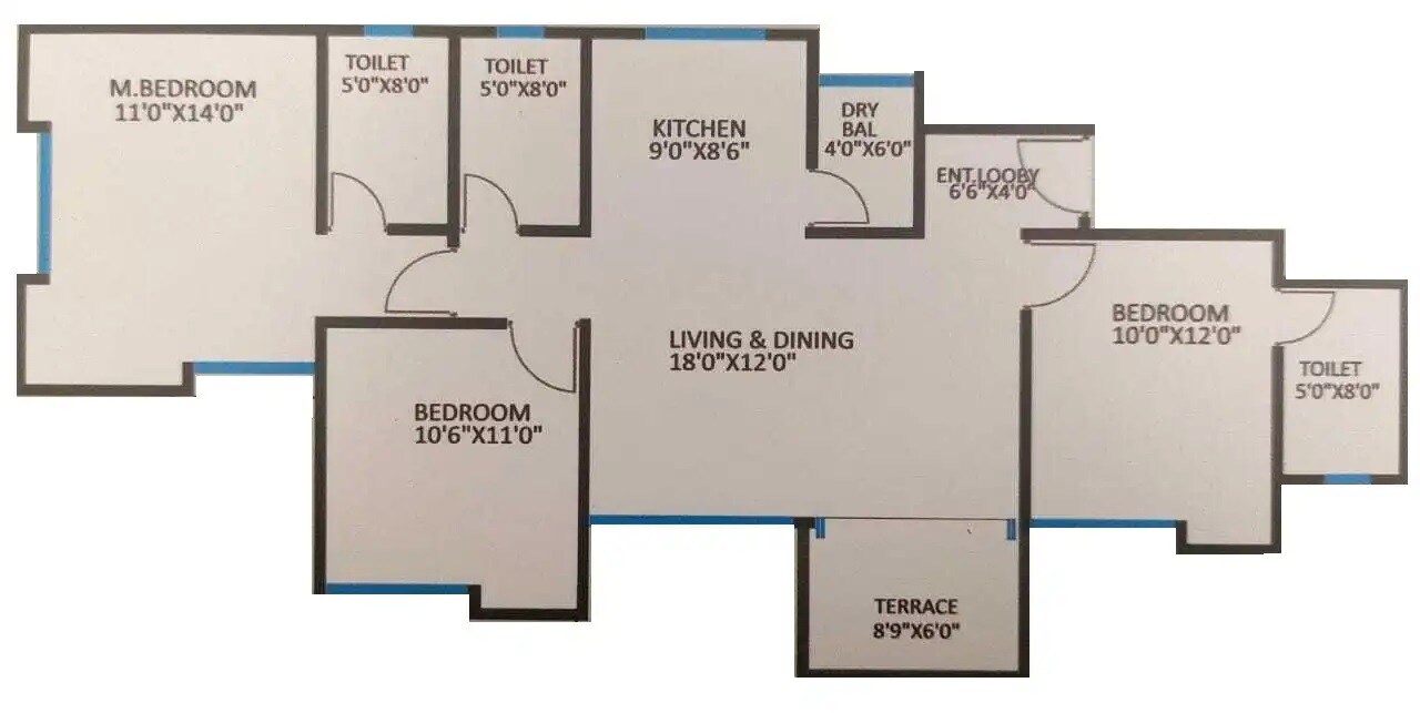 Floor plan of 3 BHK 818 Sq. Ft. Apartment in Bhandari Savannah, Pune