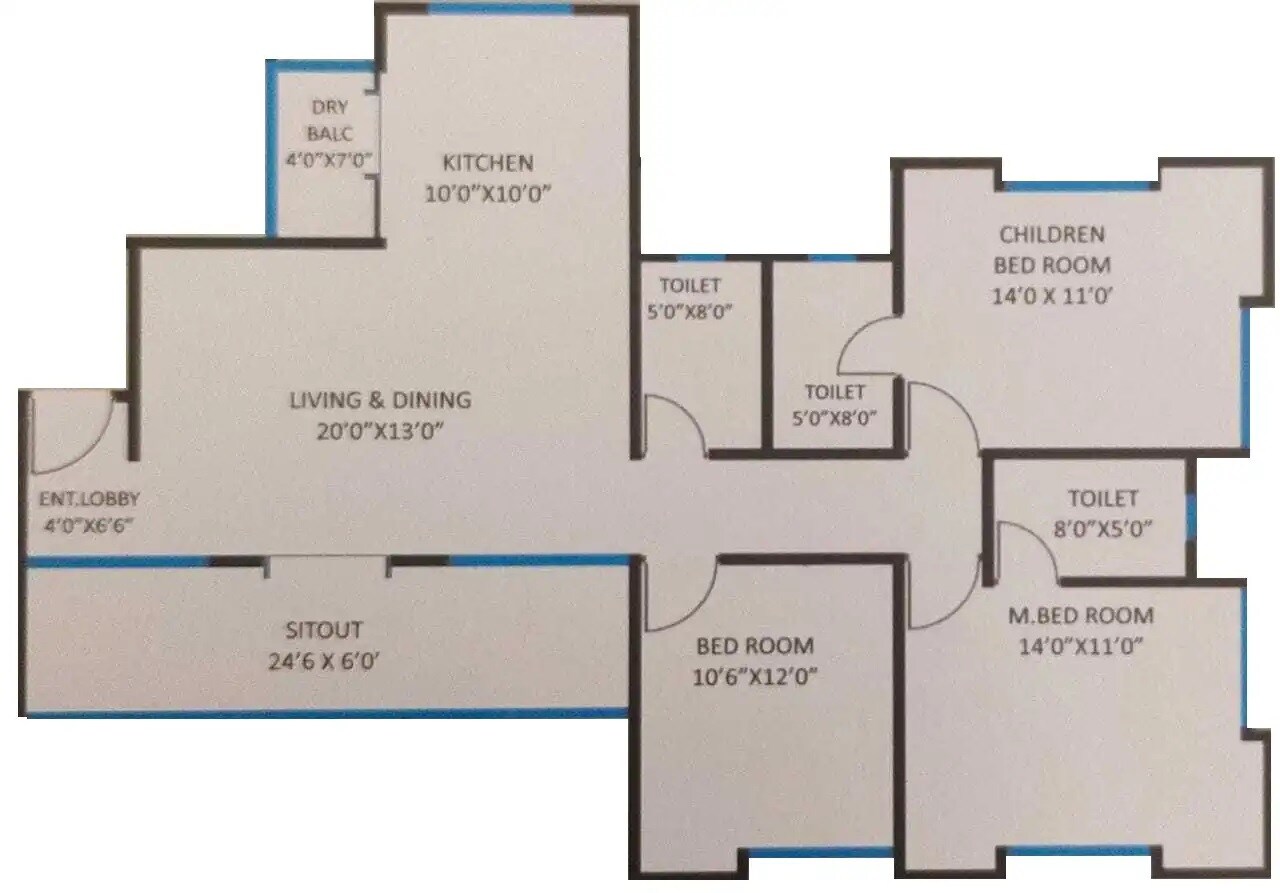Floor plan of 3 BHK 898 Sq. Ft. Apartment in Bhandari Savannah, Pune