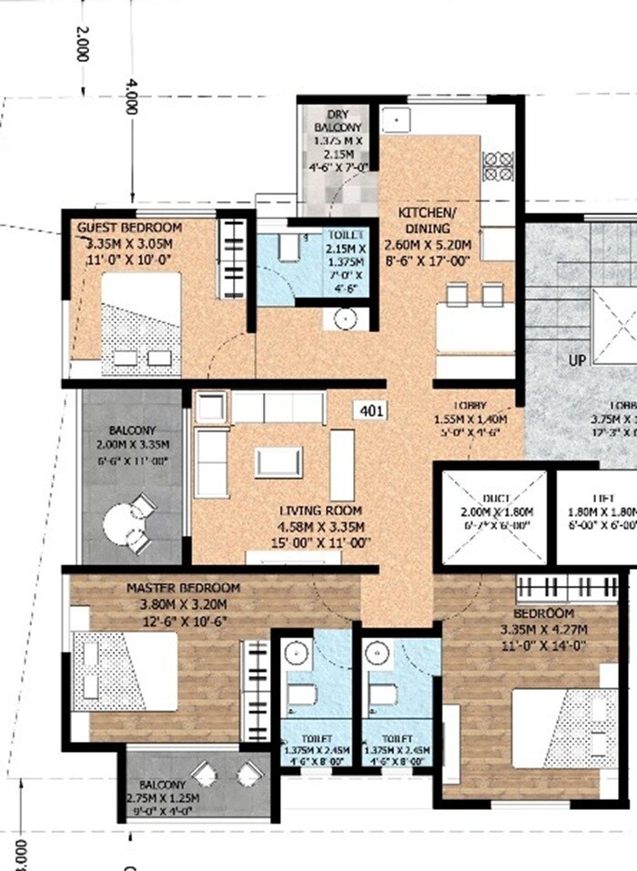 Floor plan of 3 BHK 1107 Sq. Ft. Apartment in Bhansali Eknath, Pune