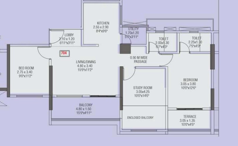 Floor plan of 3 BHK Apartment - 1028 sq. ft. in Bharat The Province, Pune
