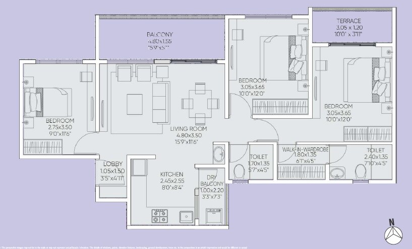 Floor plan of 3 BHK Apartment - 999 sq. ft. in Bharat The Province, Pune