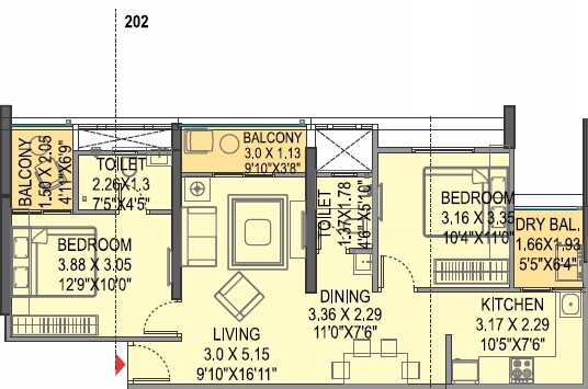 Floor plan of 2 BHK 808 Sq. Ft. Apartment in Bhargav Stella, Pune