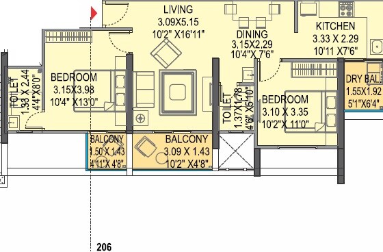 Floor plan of 2 BHK 817 Sq. Ft. Apartment in Bhargav Stella, Pune