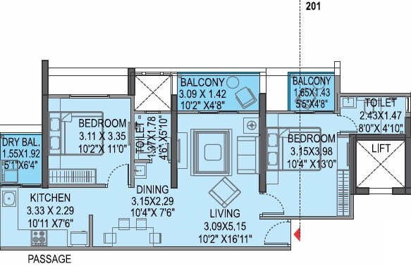 Floor plan of 2 BHK 818 Sq. Ft. Apartment in Bhargav Stella, Pune