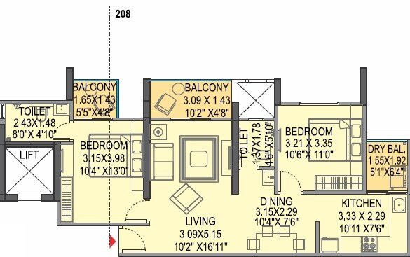 Floor plan of 2 BHK 819 Sq. Ft. Apartment in Bhargav Stella, Pune