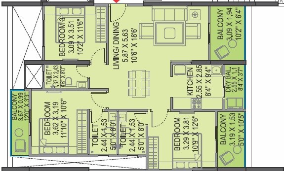 Floor plan of 3 BHK 1147 Sq. Ft. Apartment in Bhargav Stella, Pune