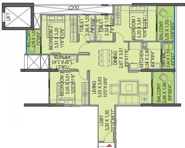 Floor plan of 3 BHK 1157 Sq. Ft. Apartment in Bhargav Stella, Pune