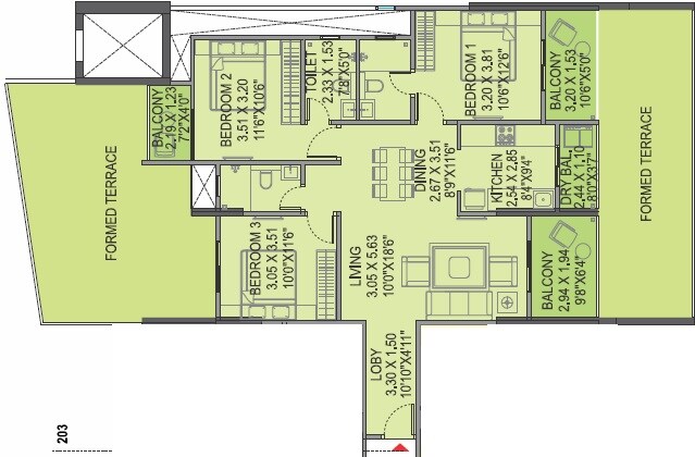 Floor plan of 3 BHK 1474 Sq. Ft. Apartment in Bhargav Stella, Pune