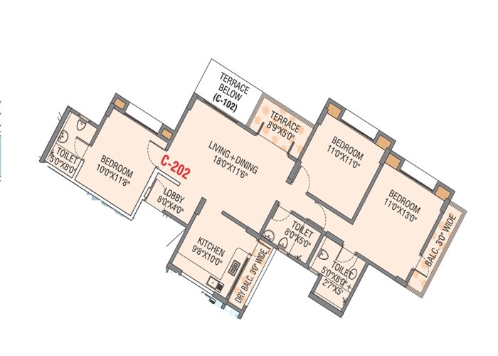 Floor plan of 3 BHK 1044 Sq. Ft. Apartment in Bharucha Collina, Pune