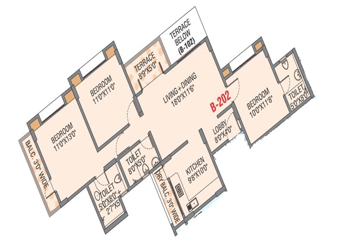 Floor plan of 3 BHK 1054 Sq. Ft. Apartment in Bharucha Collina, Pune