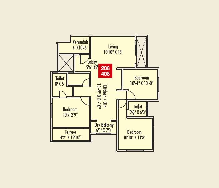 Floor plan of 3 BHK Apartment - 980 sq. ft. in Bhide Bhadane Bhidewadi, Pune