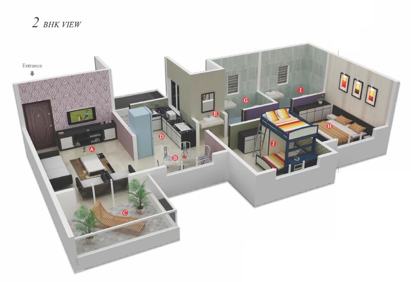 Floor plan of 2 BHK 615 Sq. Ft. Apartment in Bhojwani Destiny, Pune