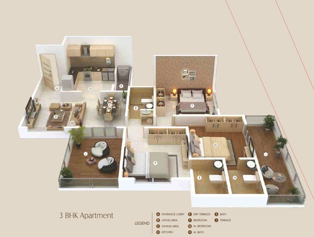Floor plan of 3 BHK 862 Sq. Ft. Apartment in Bhojwani The West Ford, Pune