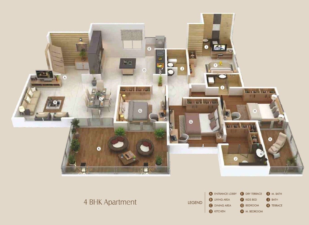 Floor plan of 4 BHK 1397 Sq. Ft. Apartment in Bhojwani The West Ford, Pune