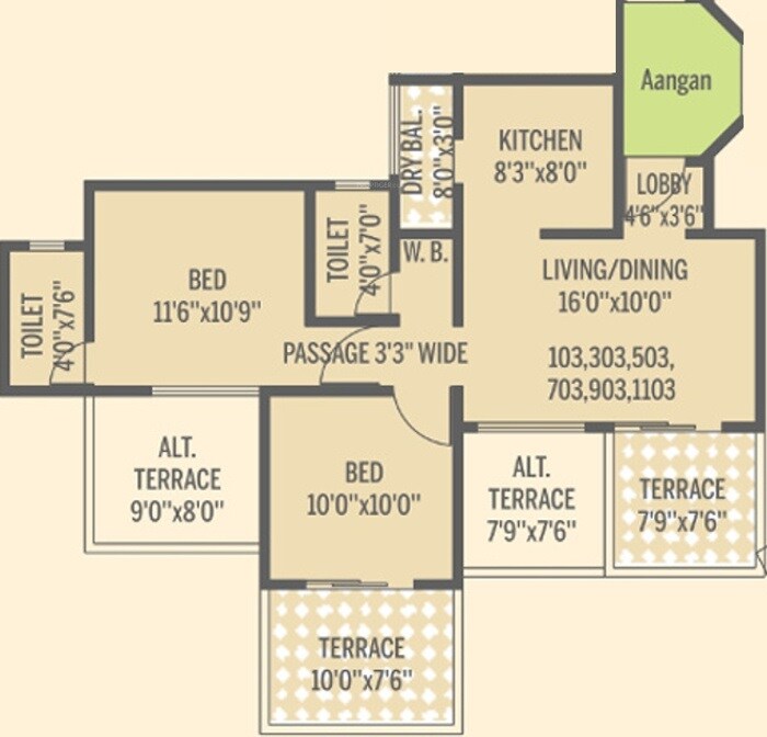 Floor plan of 2 BHK 790 Sq. Ft. Apartment in Bhoomi Orabelle, Pune