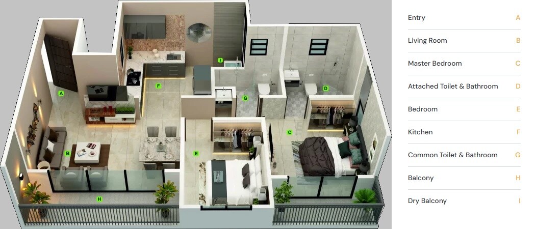 Floor plan of 2 BHK 677 Sq. Ft. Apartment in Bhosale Icon, Pune