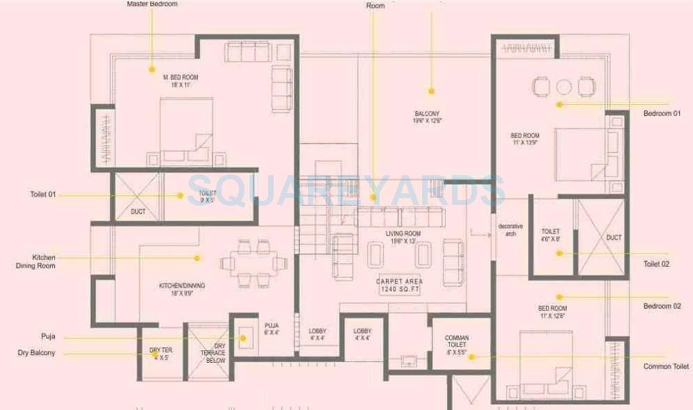 Floor plan of 3 BHK 1950 Sq. Ft. Apartment in Bhujbal Avania, Pune