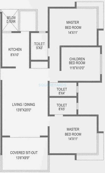 Floor plan of 3 BHK 1435 Sq. Ft. Apartment in Bhujbal Eternity, Pune