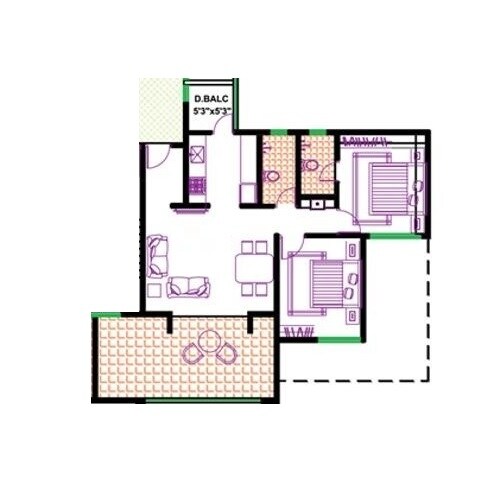 Floor plan of 2 BHK 1011 Sq. Ft. Apartment in Bhujbal Forest Mist, Pune