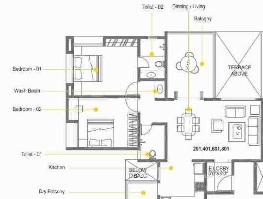 Floor plan of 2 BHK 1160 Sq. Ft. Apartment in Bhujbal Spectrum Tower, Pune