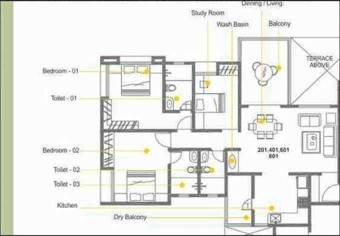 Floor plan of 3 BHK 1374 Sq. Ft. Apartment in Bhujbal Spectrum Tower, Pune