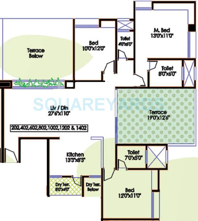 Floor plan of 3 BHK 1732 Sq. Ft. Apartment in Bhujbal Vatika Homes, Pune