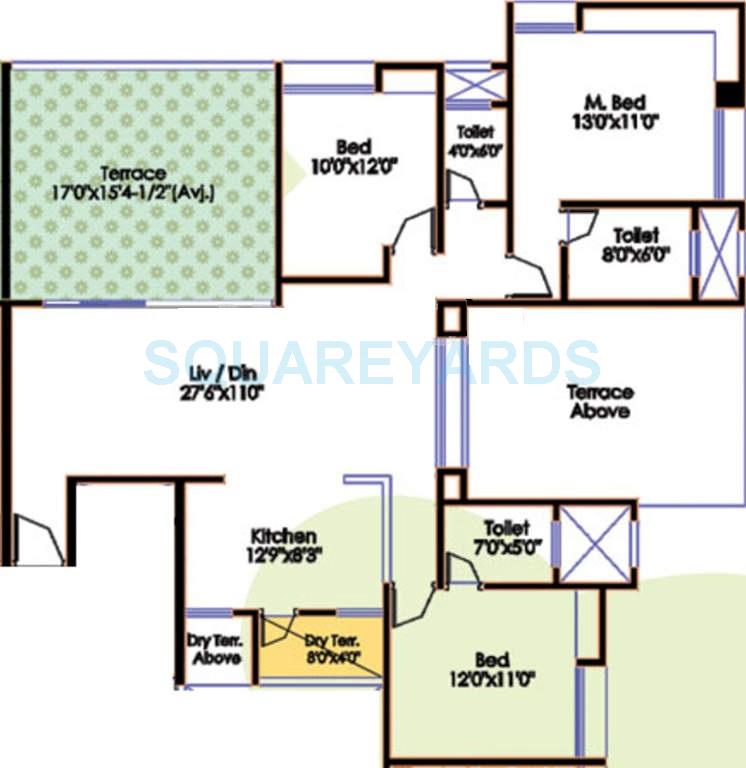 Floor plan of 3 BHK 1829 Sq. Ft. Apartment in Bhujbal Vatika Homes, Pune