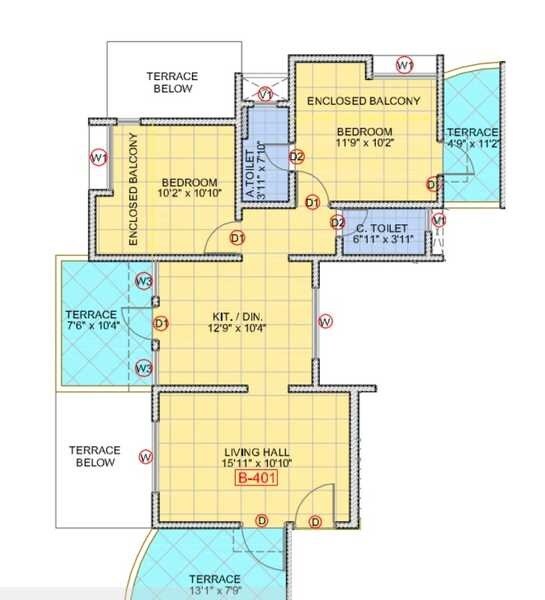 Floor plan of 2 BHK 1020 Sq. Ft. Apartment in Bhumi Siddhi, Pune