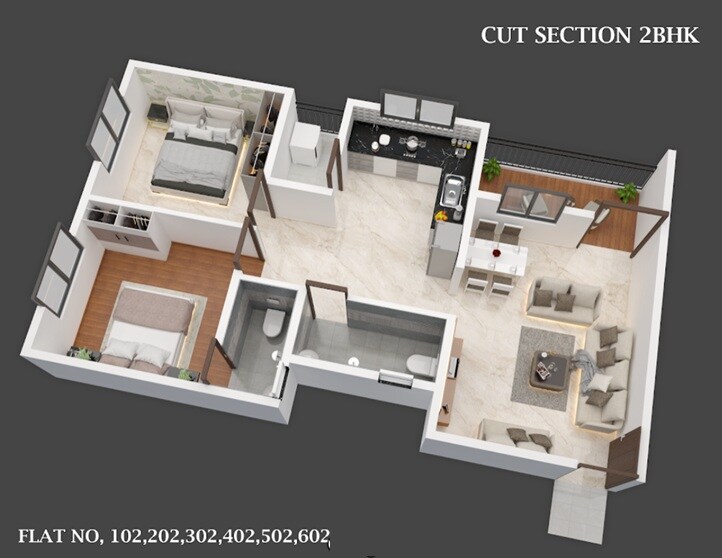 Floor plan of 2 BHK 607 Sq. Ft. Apartment in Bhupati Sai Nirmal, Pune