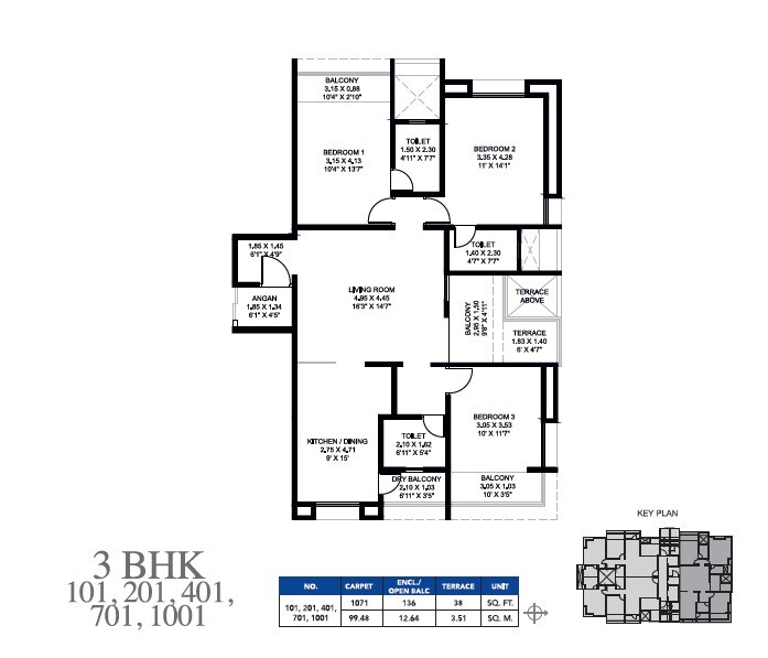 Floor plan of 3 BHK 1071 Sq. Ft. Apartment in Bhushan Apartment, Pune