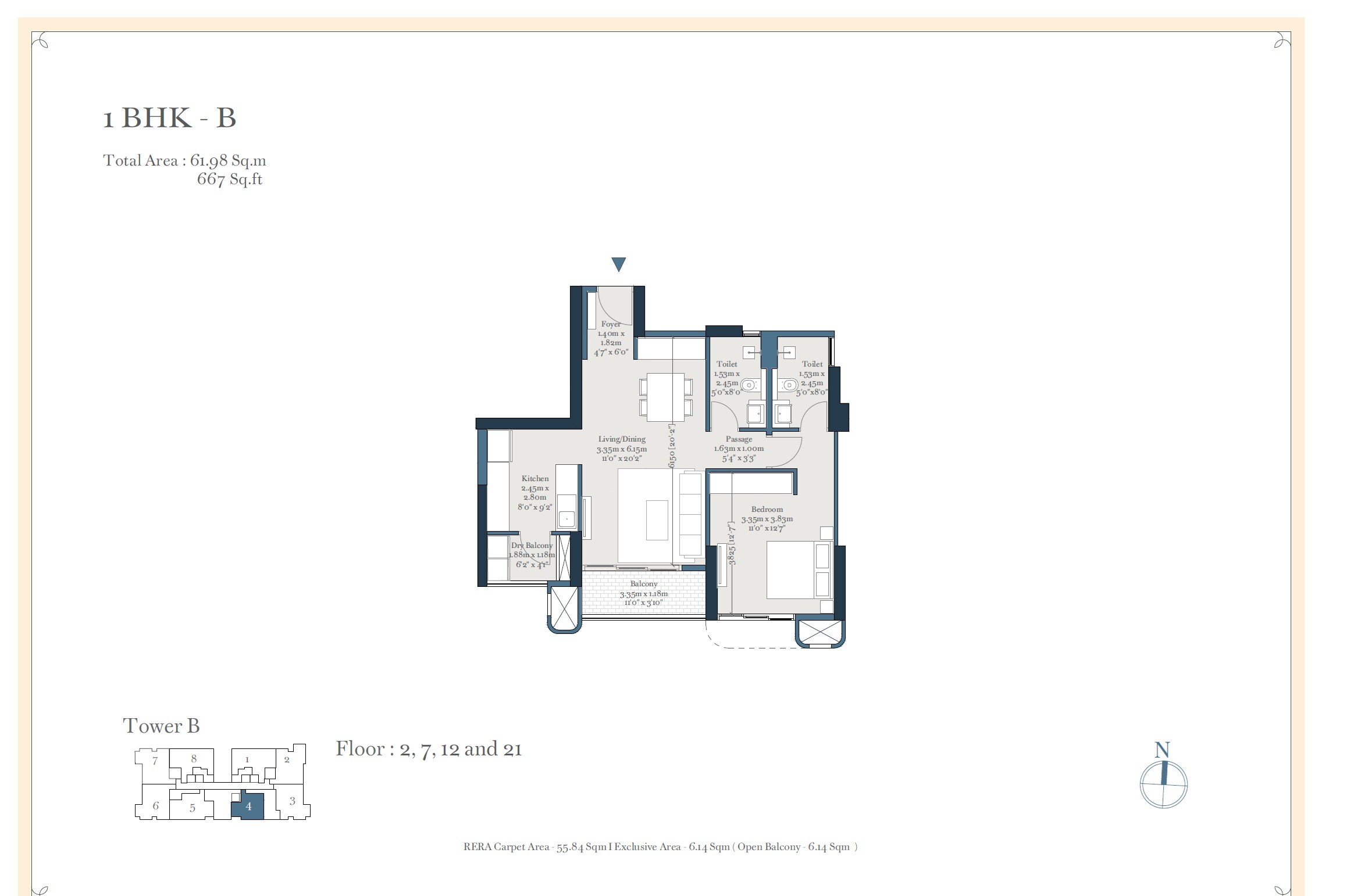 Floor plan of 1 BHK 667 Sq. Ft. Apartment in Birla Punya, Pune